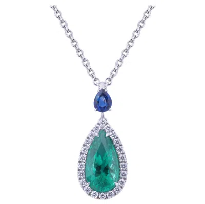 Pre-owned Crivelli Pendant Drop Emerald Necklace In A Circle Of Diamonds And Blue Sapphire Drop In Green