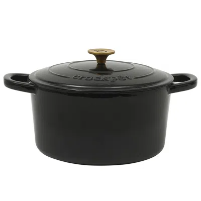 Crock-pot Artisan 7 Quart Round Enameled Cast Iron Dutch Oven In Black With Gold Handle