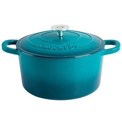 Crock-pot Artisan 7 Quart Round Enameled Cast Iron Dutch Oven With Lid In Teal In Blue