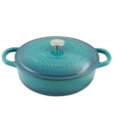 CROCK-POT ARTISAN ENAMELED CAST IRON 5 QUART ROUND BRAISER PAN WITH SELF BASTING LID IN TEAL OMBRE