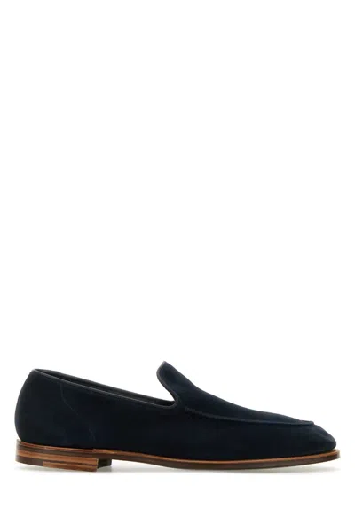 Crockett & Jones Navy Blue Suede Salcombe Loafers In Black