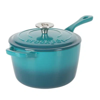 Crock-pot 3 Qt Enamel Cast Iron Sauce Pan W/lid - Matte Linen White In Teal Ombre