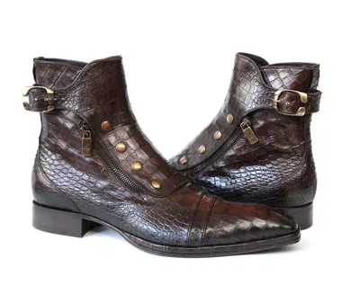 Pre-owned Crocodile Jo Ghost 3206 Italian Brown  Print Leather Ankle Boots With Zippers, Bu