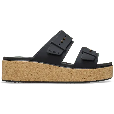 Crocs Brooklyn Buckle Low Wedge Cork Sandal In Black