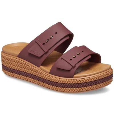 Crocs Brooklyn Sandals Women's Dark Brown Wedge Heel Espadrille Gbo1624 In Burgundy