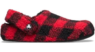 Crocs Classic Buffalo Check Cozzzy Slipper In Varsity Red/black
