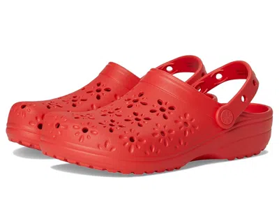 Crocs Classic Clogs With Floral Cut Out Design Slippers Cherry Red :
