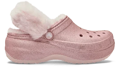 Crocs Classic Platform Fuzz Lined Glitter Clog In Pink