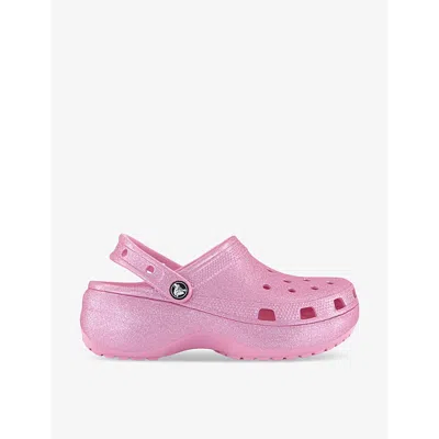 Crocs Womens Pink Tweed Glitter Classic Platform Rubber Clogs