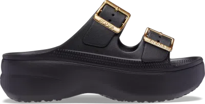 Crocs Women's Saturday Platform Metallic Buckle Sandal; Black / Gold, W4 In Black/gold