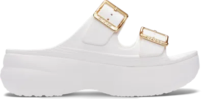 Crocs Women's Saturday Platform Metallic Buckle Sandal; White / Gold, W6 In White/gold