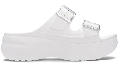 Crocs Women's Saturday Platform Metallic Buckle Sandal In White/silver