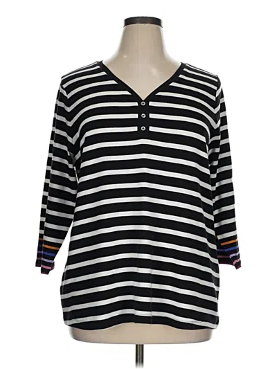 Pre-owned Croft & Barrow 3/4 Sleeve Top Black Stripes Pattern V-neck Tops