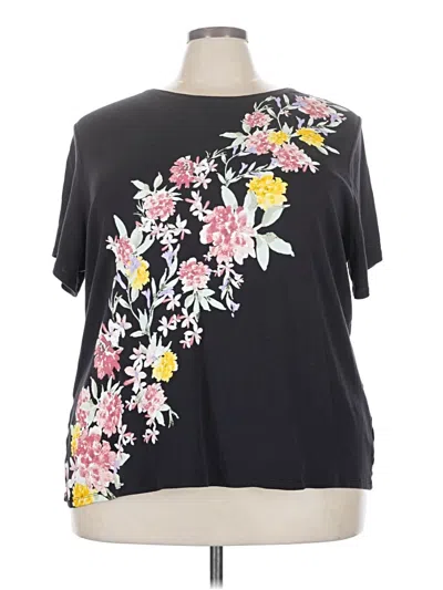 Pre-owned Croft & Barrow Short Sleeve Top Black Floral Pattern One Shoulder Neckline Tops