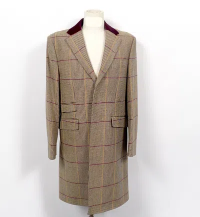 Pre-owned Crombie Top Coat Glen Check Burgundy Velvet Collar 40r Retail $1098 In Red