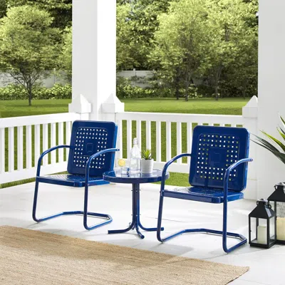 Crosley Furniture Bates 3pc Outdoor Metal Armchair Set Navy Gloss/white Satin - Side Table & 2 Armchairs In Blue