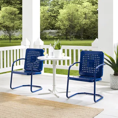 Crosley Furniture Bates 3pc Outdoor Metal Bistro Set Navy Gloss/white Satin - Bistro Table & 2 Armchairs In Blue