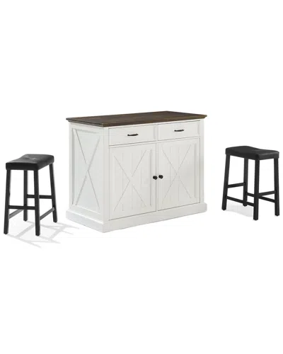 Crosley Furniture Clifton Kitchen Island W/uph Saddle Stools- Kitchen Island & 2 Stools In White