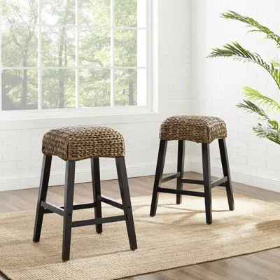 Crosley Furniture Edgewater 2pc Backless Counter Stool Set Seagrass/darkbrown - 2 Stools In Brown