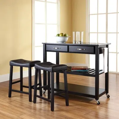 Crosley Furniture Granite Top Kitchen Prep Cart With Uph Saddle Stools In Black