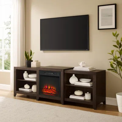 Crosley Ronin 69" Low Profile Tv Stand W/fireplace Dark Walnut In Brown