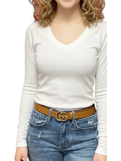 Crown Jewel Long Sleeve Raglan V Neck Top In Pearl In White