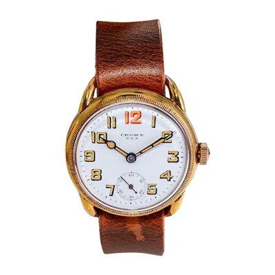 Pre-owned Crown Yellow Gold Filled Campaign Style From 1920's With Original Enamel Dial