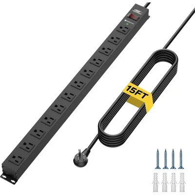 Crst Long Surge Protector Power Strip Mountable 12 Outlets With Flat Plug 15ft Long Extension Cord 2100j  In Black