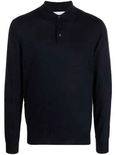 Cruciani Fine-knit Long-sleeved Polo Shirt In Blue