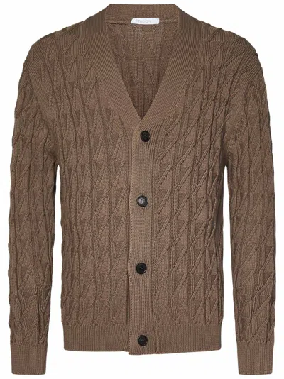 Cruciani Jacquard Pattern Brown Cotton Knit Cardigan