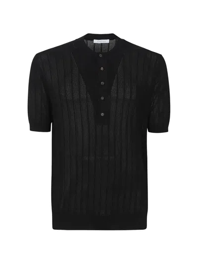 Cruciani Pointelle-knit Buttoned Short-sleeve Sweater In Black