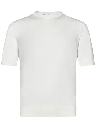 Cruciani Short-sleeved Cream Wool Knit Top With Ribbed Trims In White