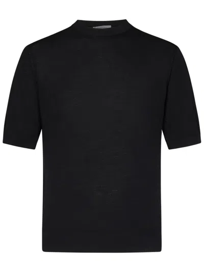 Cruciani Short-sleeved Crewneck Knit Top With Ribbed Trims In Black