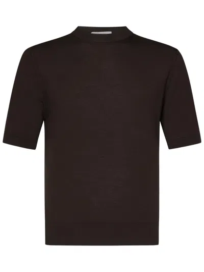 Cruciani Short-sleeved Crewneck Wool Knit Top With Ribbed Trims In Brown