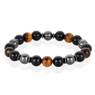 Crucible Jewelry Crucible Los Angeles 10mm Bead Stretch Bracelet Featuring Tiger Eye, Shiny Black Onyx And Magnetic H In Brown