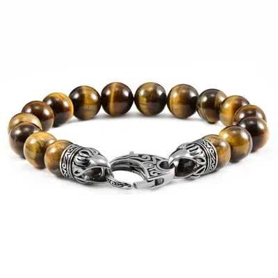Crucible Jewelry Crucible Los Angeles 10mm Tiger Eye Bead Bracelet With Stainless Steel Antiqued Lobster Clasp In Silver
