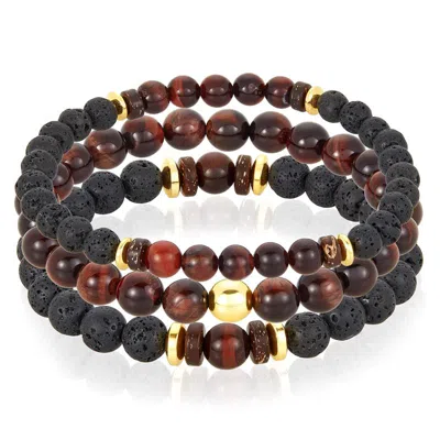 Crucible Jewelry Crucible Los Angeles 3 Pack Red Tiger Eye, Lava, Wood And Gold Hematite Bead Stretch Bracelets
