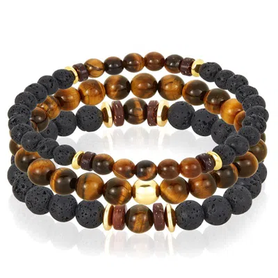 Crucible Jewelry Crucible Los Angeles 3 Pack Tiger Eye, Lava, Wood And Gold Hematite Bead Stretch Bracelets In Brown