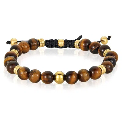 Crucible Jewelry Crucible Los Angeles 8mm Tiger Eye And Gold Ip Stainless Steel Beads On Adjustable Cord Tie Bracelet In Brown