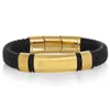 Crucible Jewelry Crucible Los Angeles Black Leather And Stainless Steel Engravable Id Bracelet In Gold
