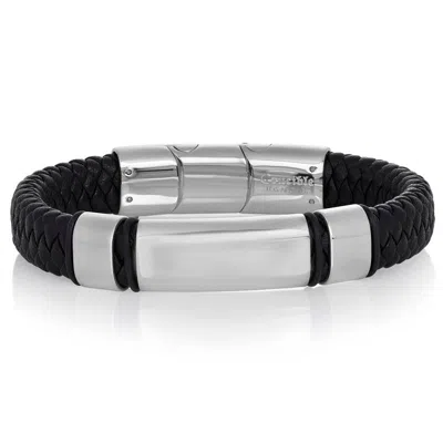 Crucible Jewelry Crucible Los Angeles Black Leather And Stainless Steel Engravable Id Bracelet In Silver