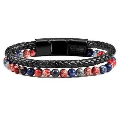 Crucible Jewelry Crucible Los Angeles Black Leather Black Clasp Blue And Red Imperial Jasper Bracelet
