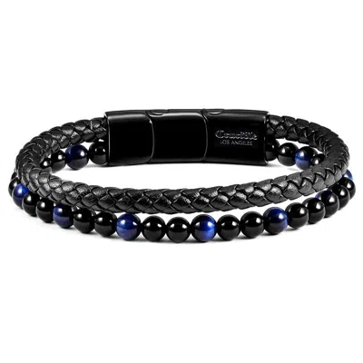 Crucible Jewelry Crucible Los Angeles Black Leather Black Clasp Blue Tiger Eye And Black Onyx Bracelet