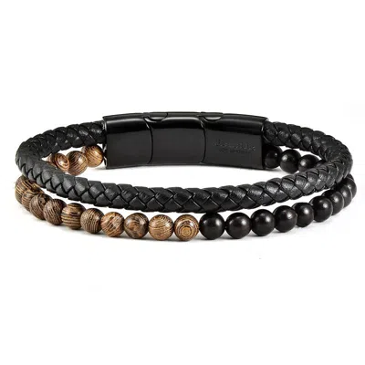 Crucible Jewelry Crucible Los Angeles Black Leather Black Clasp Two-tone Wooden Beads Bracelet In Brown