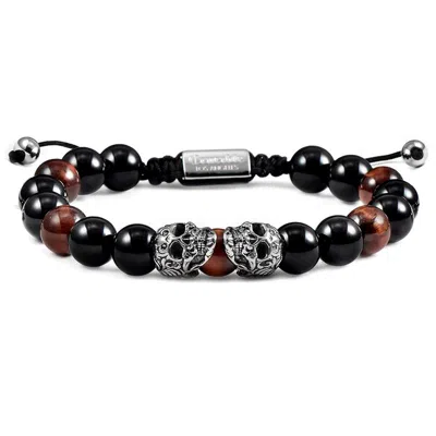 Crucible Jewelry Crucible Los Angeles Double Skull Adjustable Bracelet With Red Tiger Eye And Black Onyx Beads