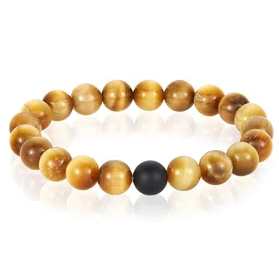 Crucible Jewelry Crucible Los Angeles Polished Gold Tiger Eye And Black Matte Onyx 10mm Natural Stone Bead Stretch Br