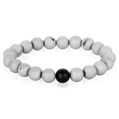 Crucible Jewelry Crucible Los Angeles Silver Druzy Agate And Black Matte Onyx 10mm Natural Stone Bead Stretch Bracele In Grey