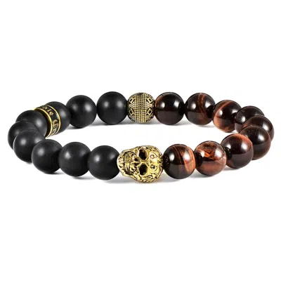 Crucible Jewelry Crucible Los Angeles Single Gold Skull Stretch Bracelet With 10mm Matte Black Onyx And Red Tiger Eye