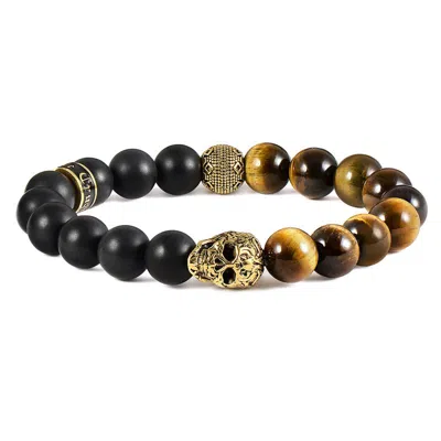 Crucible Jewelry Crucible Los Angeles Single Gold Skull Stretch Bracelet With 10mm Matte Black Onyx And Tiger Eye Bea