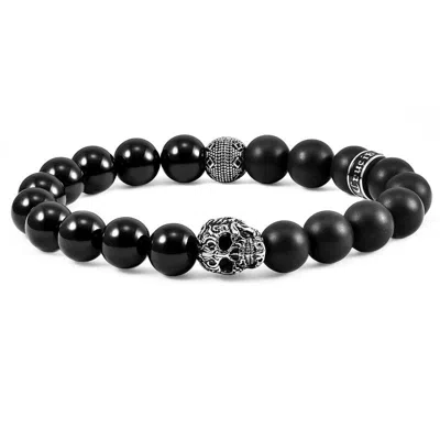 Crucible Jewelry Crucible Los Angeles Single Skull Stretch Bracelet With 10mm Matte And Polished Black Onyx Beads In Silver